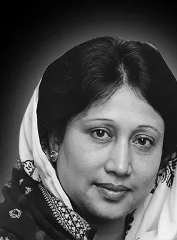 A young Khaleda Zia in a formal dignified black-and-white portrait, symbolizing the early chapter of her democratic journey